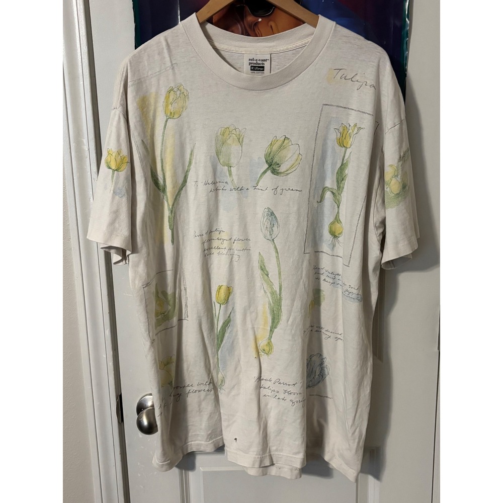 Vintage Relevant Products Tulipa Botanical All Over Print T-Shirt Mens XL White